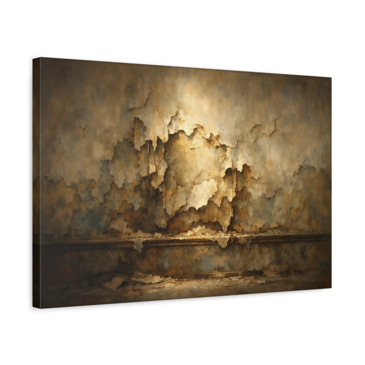 Side Mockup 3. Abstract Peeling Paint Brown And Gold shown as stretched canvas wall art