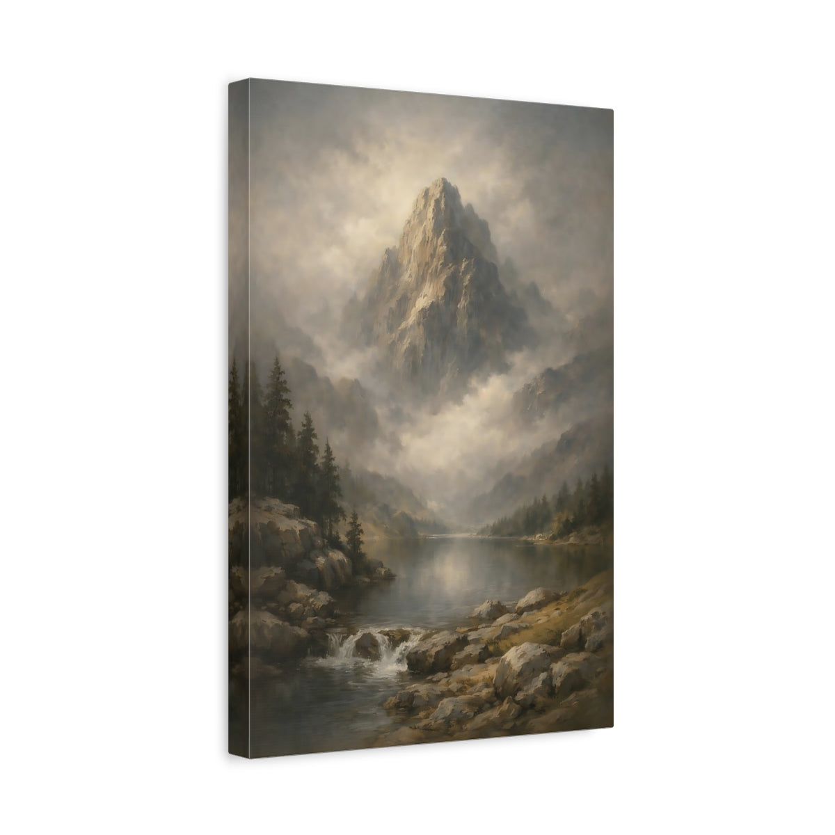Side Mockup 4. Nature Mountain Lake Misty Mountain Lake shown as stretched canvas wall art
