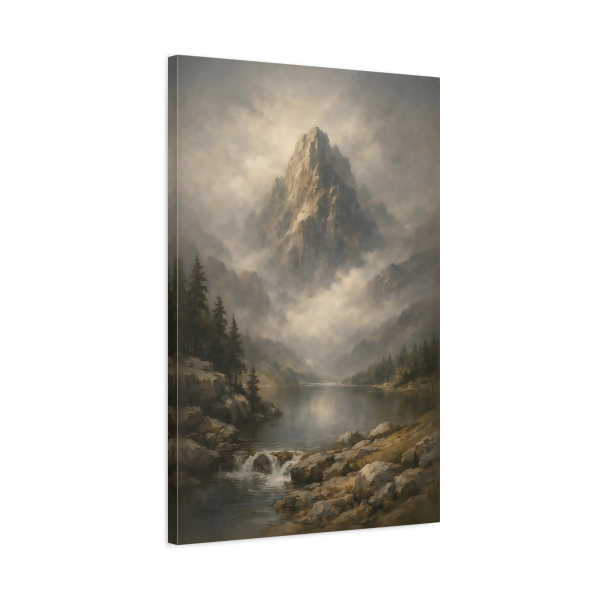 Side Mockup 2. Nature Mountain Lake Misty Mountain Lake shown as stretched canvas wall art