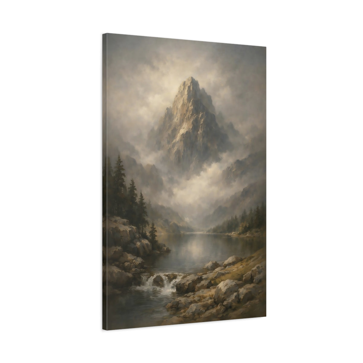 Side Mockup 1. Nature Mountain Lake Misty Mountain Lake shown as stretched canvas wall art