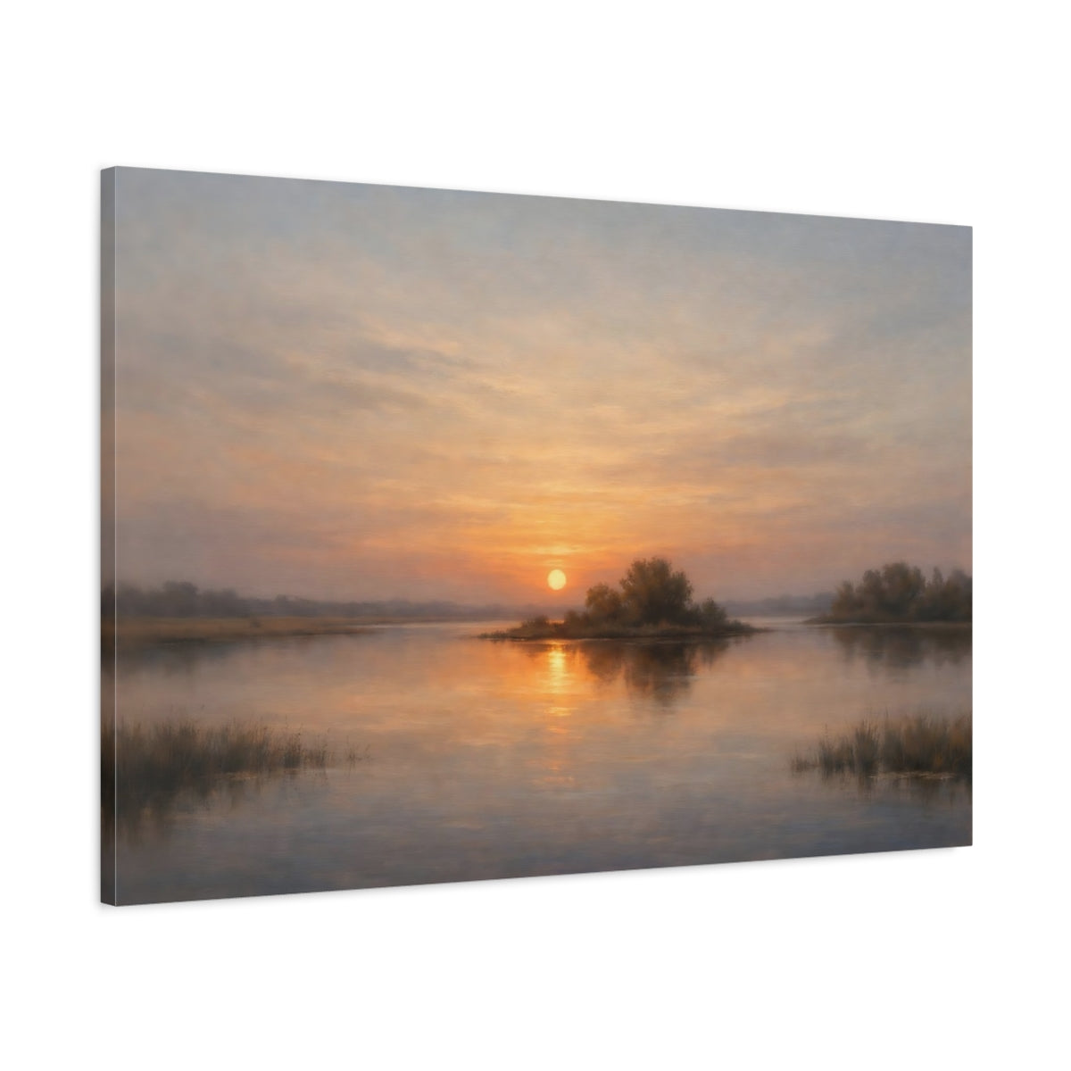 Side Mockup 1. Nature Lake Sunset Sunset Lake Landscape shown as stretched canvas wall art