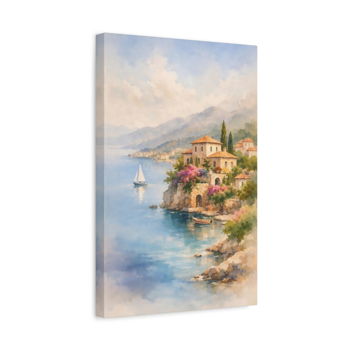 Watercolor Mediterranean Coast Coastal Village Nature - Canvas Wall Art Print