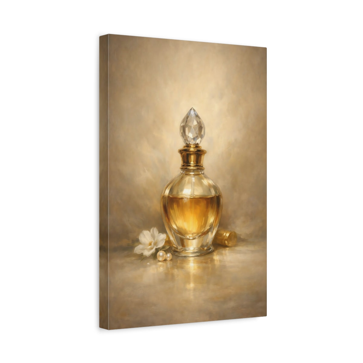 Side Mockup 4. Vintage Perfume Bottle Gold Perfume Bottle shown as stretched canvas wall art