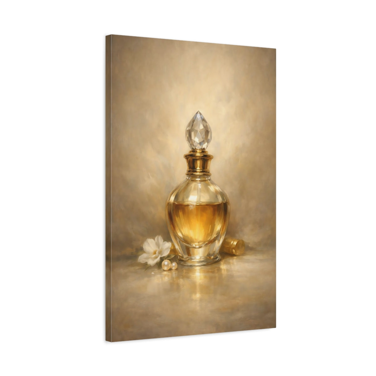 Side Mockup 2. Vintage Perfume Bottle Gold Perfume Bottle shown as stretched canvas wall art