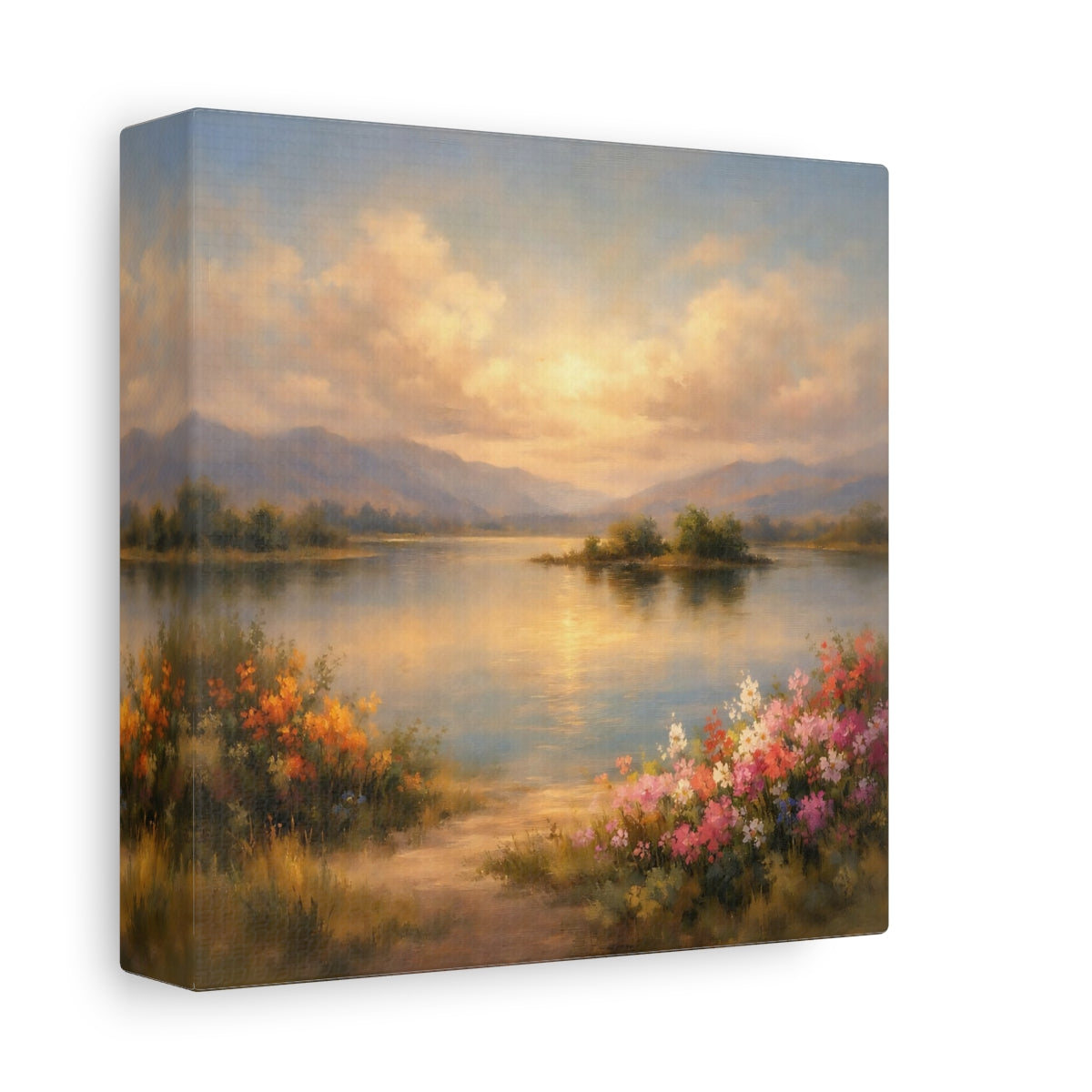 Side Mockup 1. Nature Lake Landscape Lake Mountain Sunset shown as stretched canvas wall art