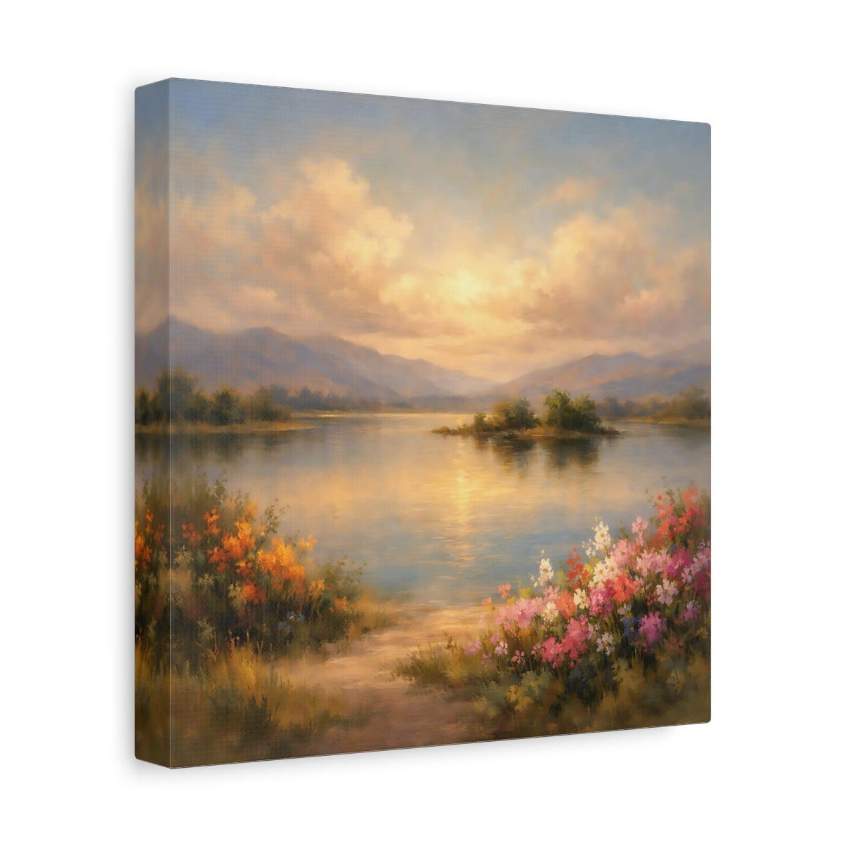 Side Mockup 9. Nature Lake Landscape Lake Mountain Sunset shown as stretched canvas wall art