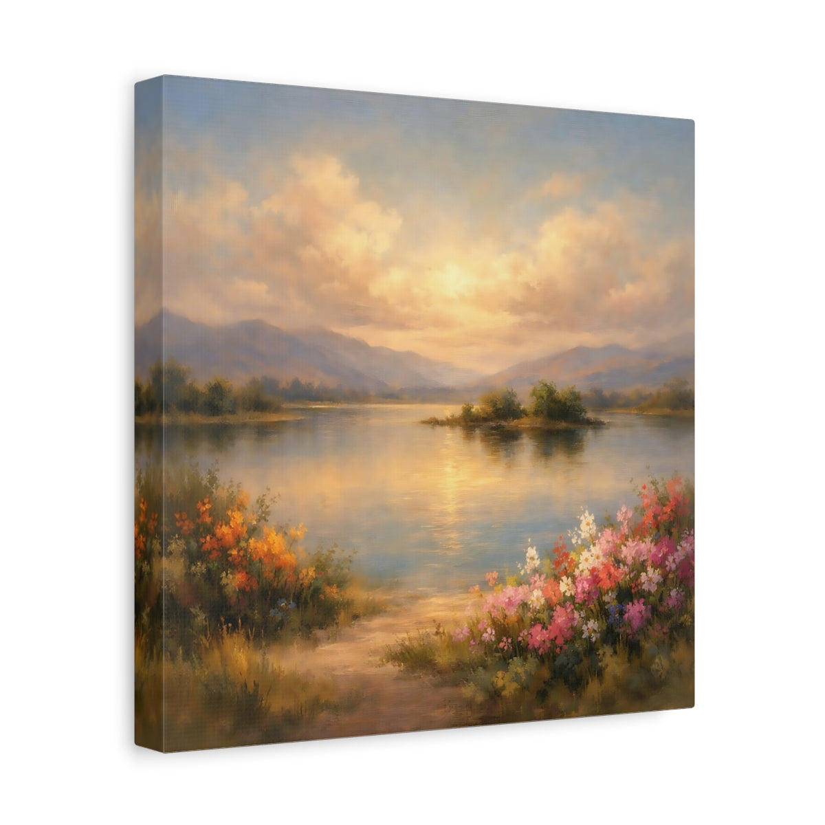 Side Mockup 8. Nature Lake Landscape Lake Mountain Sunset shown as stretched canvas wall art