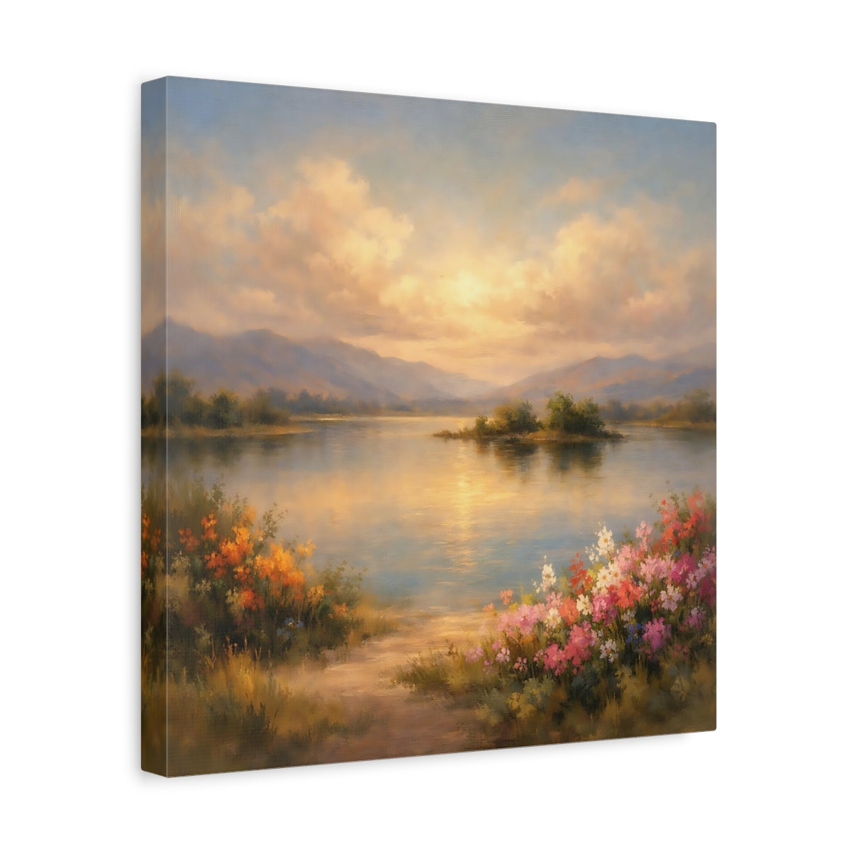 Side Mockup 7. Nature Lake Landscape Lake Mountain Sunset shown as stretched canvas wall art