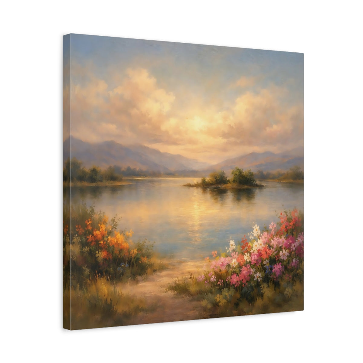 Side Mockup 5. Nature Lake Landscape Lake Mountain Sunset shown as stretched canvas wall art