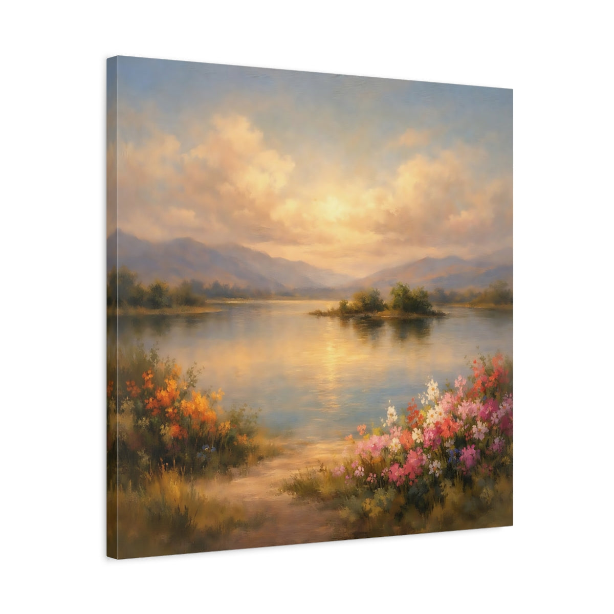 Side Mockup 4. Nature Lake Landscape Lake Mountain Sunset shown as stretched canvas wall art