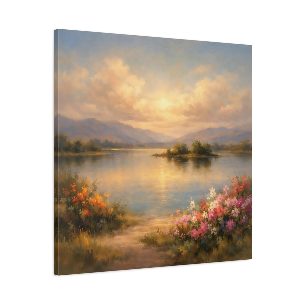 Side Mockup 2. Nature Lake Landscape Lake Mountain Sunset shown as stretched canvas wall art