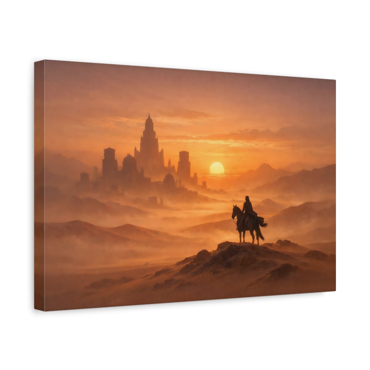 Mist Depth Desert Sunset Rider On Horse Fairytale - Canvas Wall Art Print