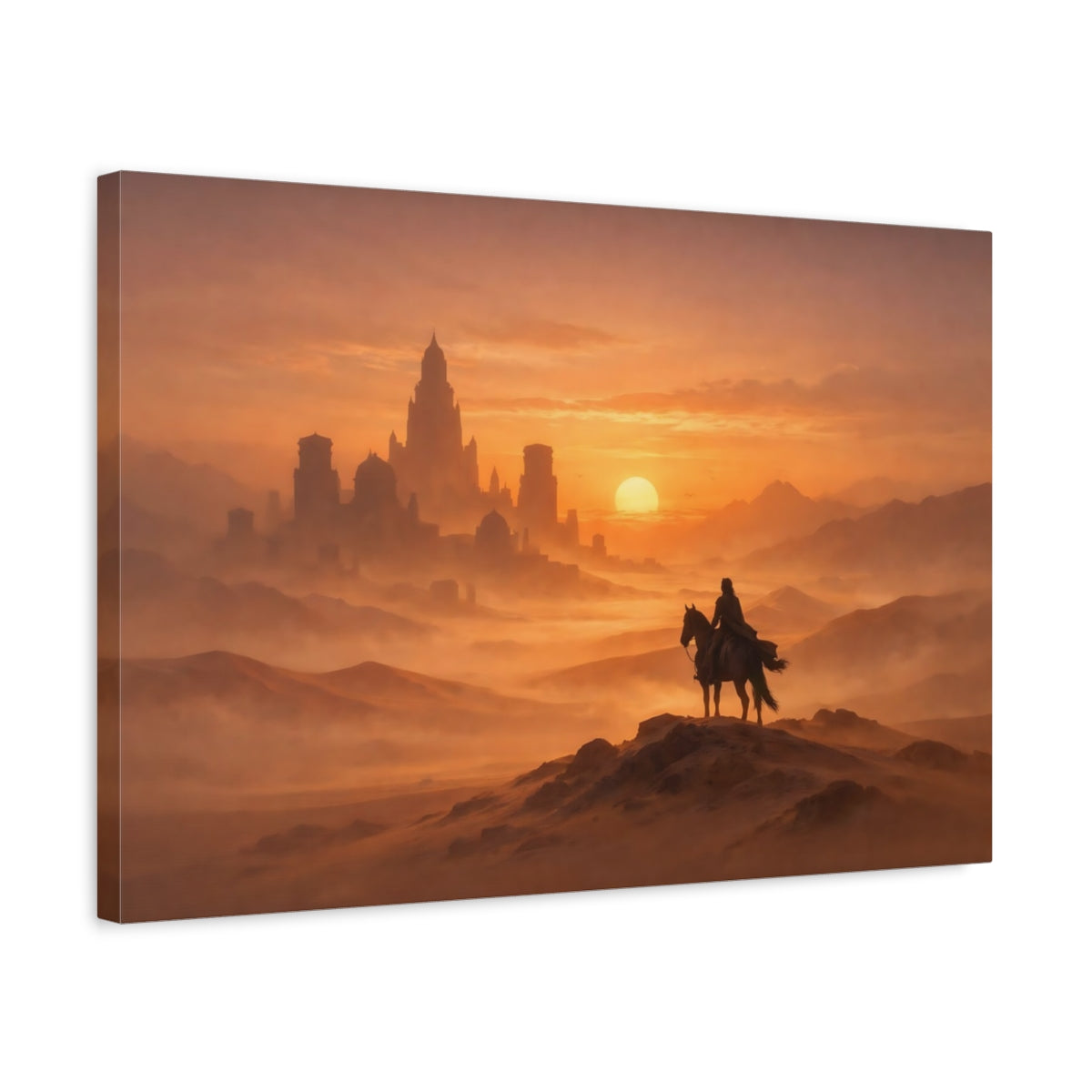 Mist Depth Desert Sunset Rider On Horse Fairytale - Canvas Wall Art Print