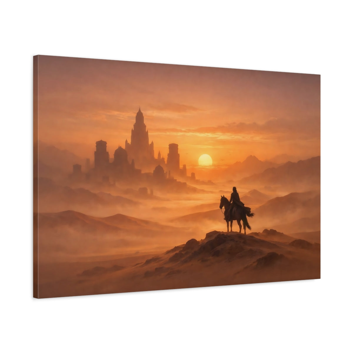 Mist Depth Desert Sunset Rider On Horse Fairytale - Canvas Wall Art Print