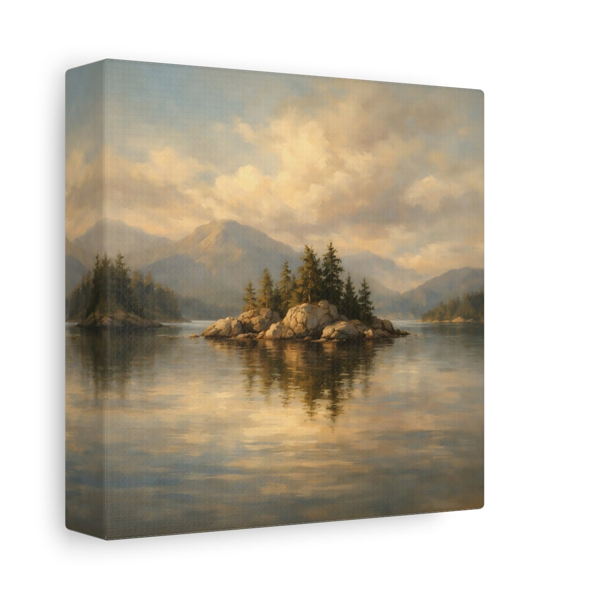 Side Mockup 1. Nature Rocky Island Golden Lake Landscape shown as stretched canvas wall art
