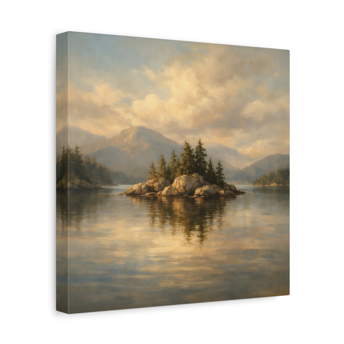 Side Mockup 8. Nature Rocky Island Golden Lake Landscape shown as stretched canvas wall art