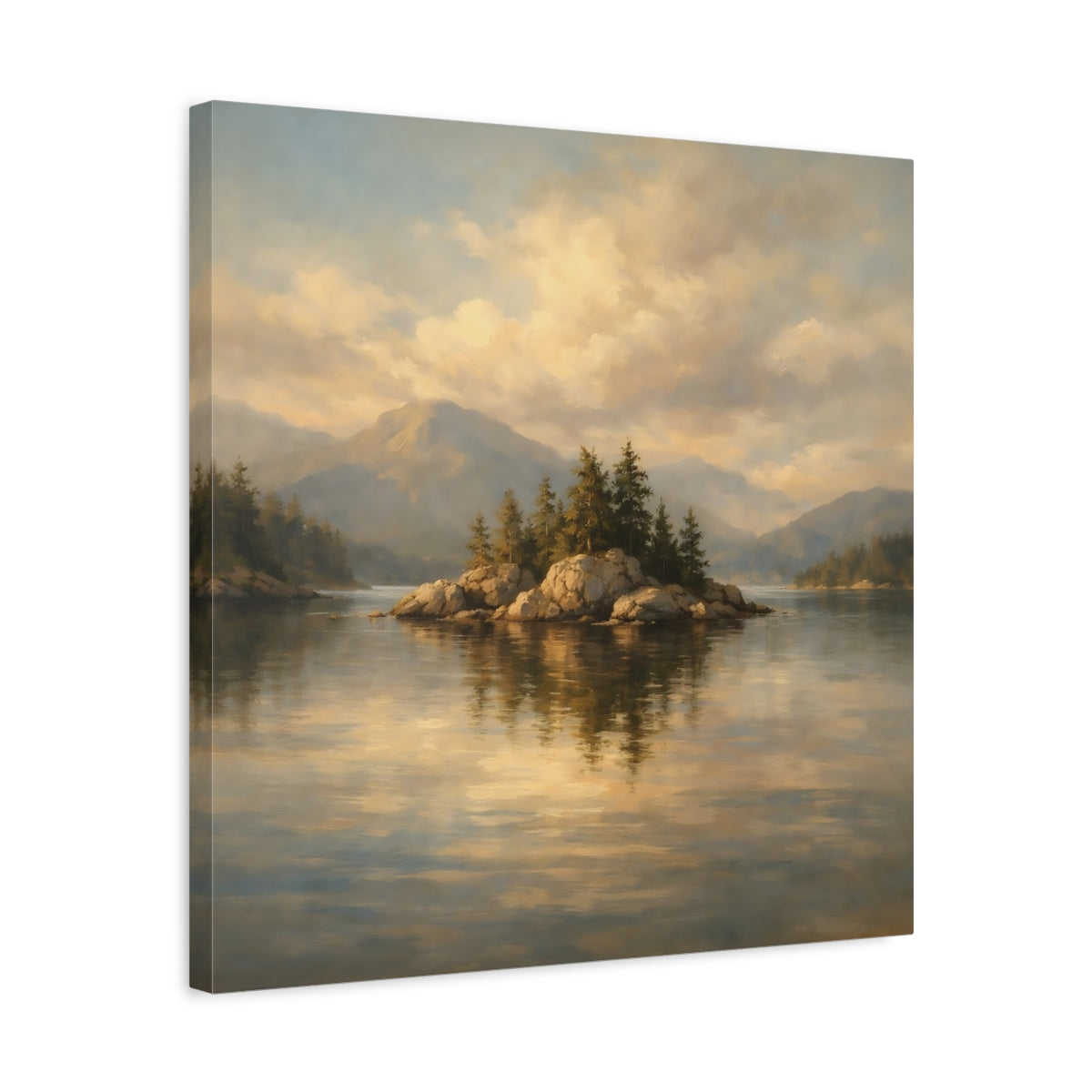 Side Mockup 5. Nature Rocky Island Golden Lake Landscape shown as stretched canvas wall art