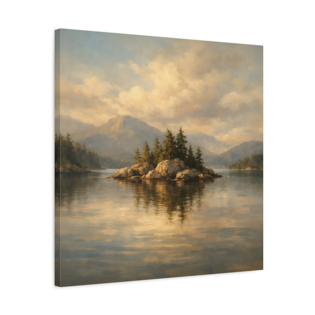 Side Mockup 4. Nature Rocky Island Golden Lake Landscape shown as stretched canvas wall art