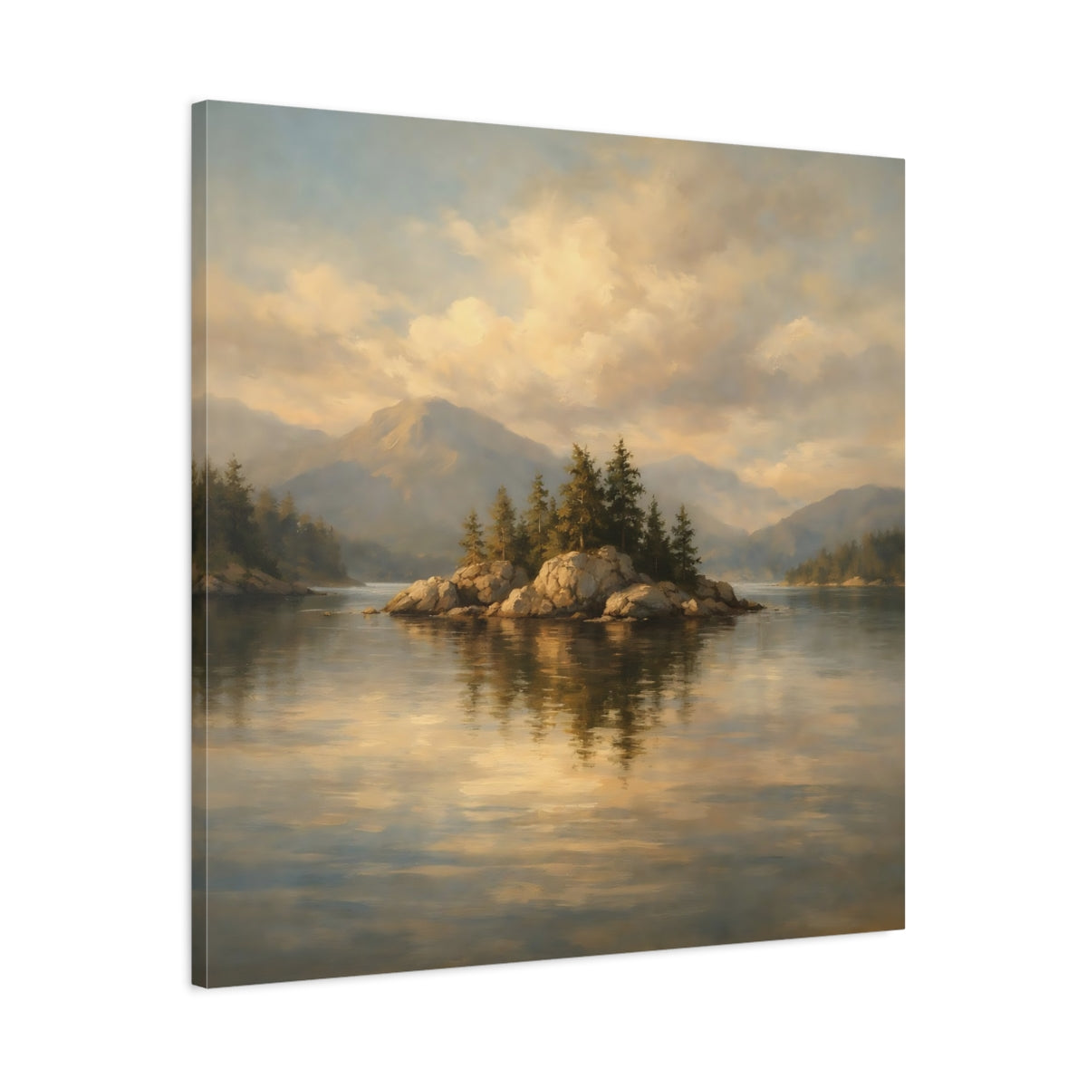 Side Mockup 3. Nature Rocky Island Golden Lake Landscape shown as stretched canvas wall art