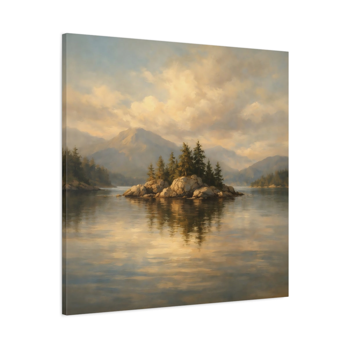 Side Mockup 2. Nature Rocky Island Golden Lake Landscape shown as stretched canvas wall art
