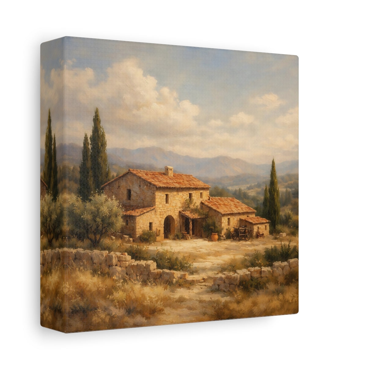 Side Mockup 1. Nature Stone House Tuscan Landscape shown as stretched canvas wall art
