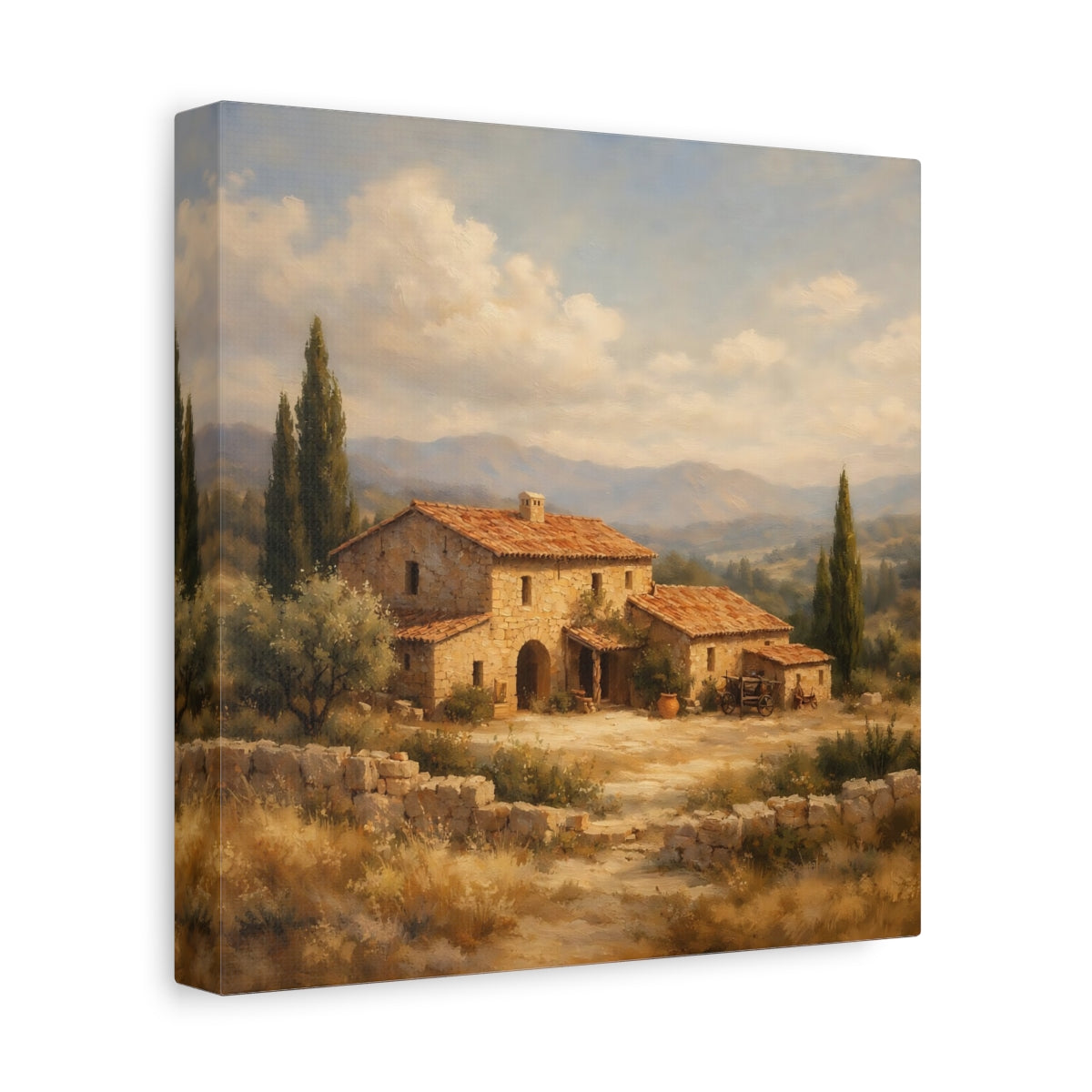 Side Mockup 9. Nature Stone House Tuscan Landscape shown as stretched canvas wall art
