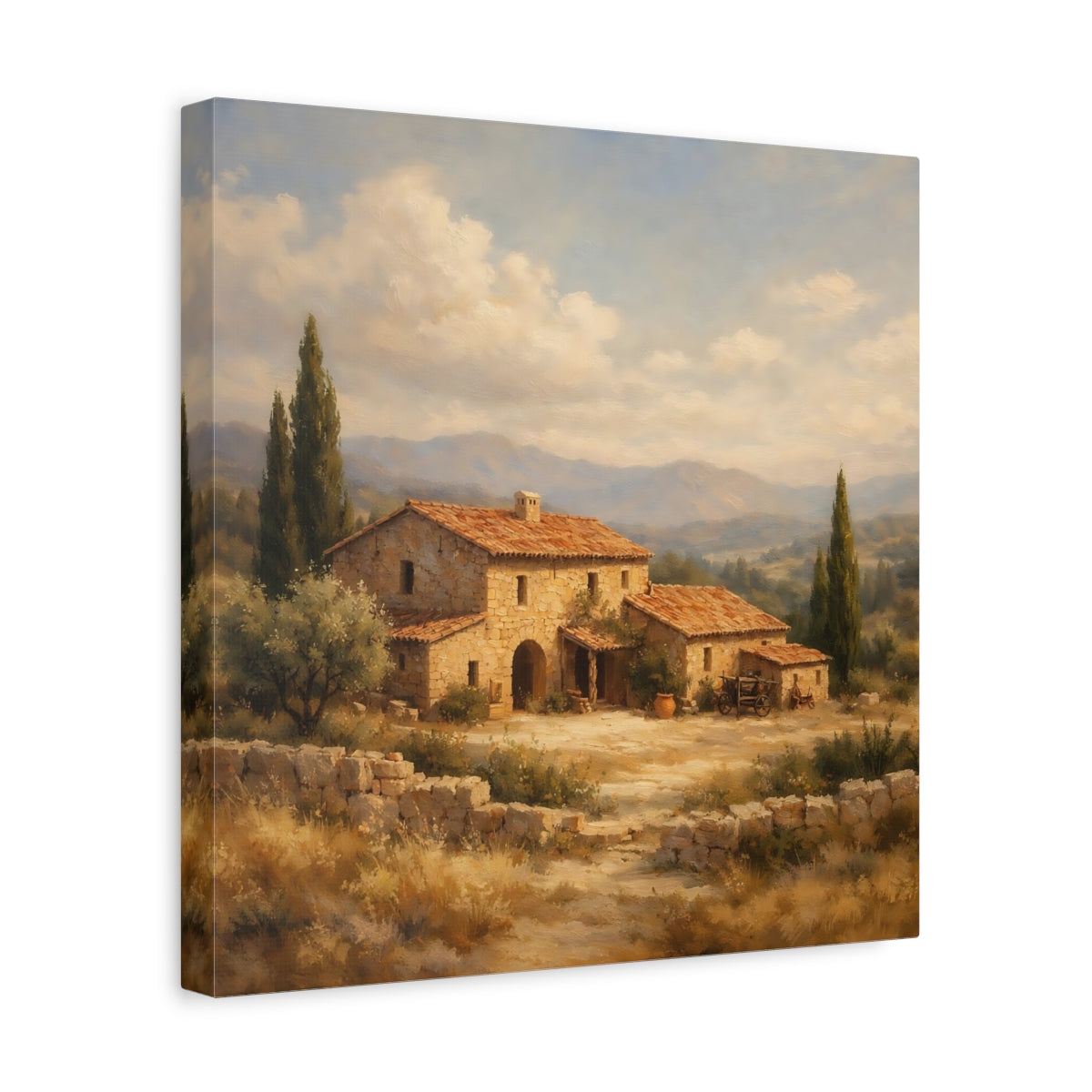 Side Mockup 7. Nature Stone House Tuscan Landscape shown as stretched canvas wall art