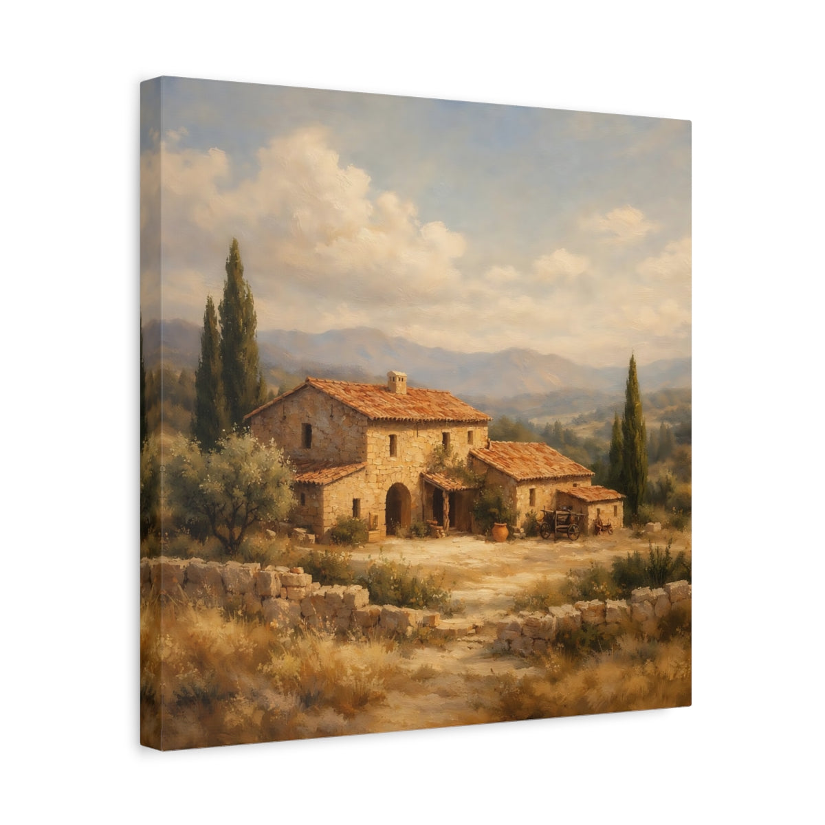 Side Mockup 6. Nature Stone House Tuscan Landscape shown as stretched canvas wall art