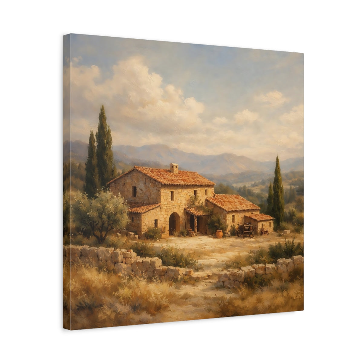 Side Mockup 5. Nature Stone House Tuscan Landscape shown as stretched canvas wall art