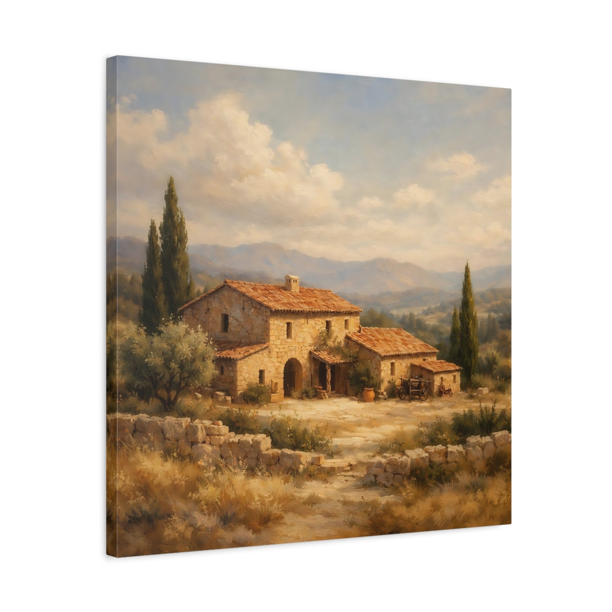 Side Mockup 4. Nature Stone House Tuscan Landscape shown as stretched canvas wall art