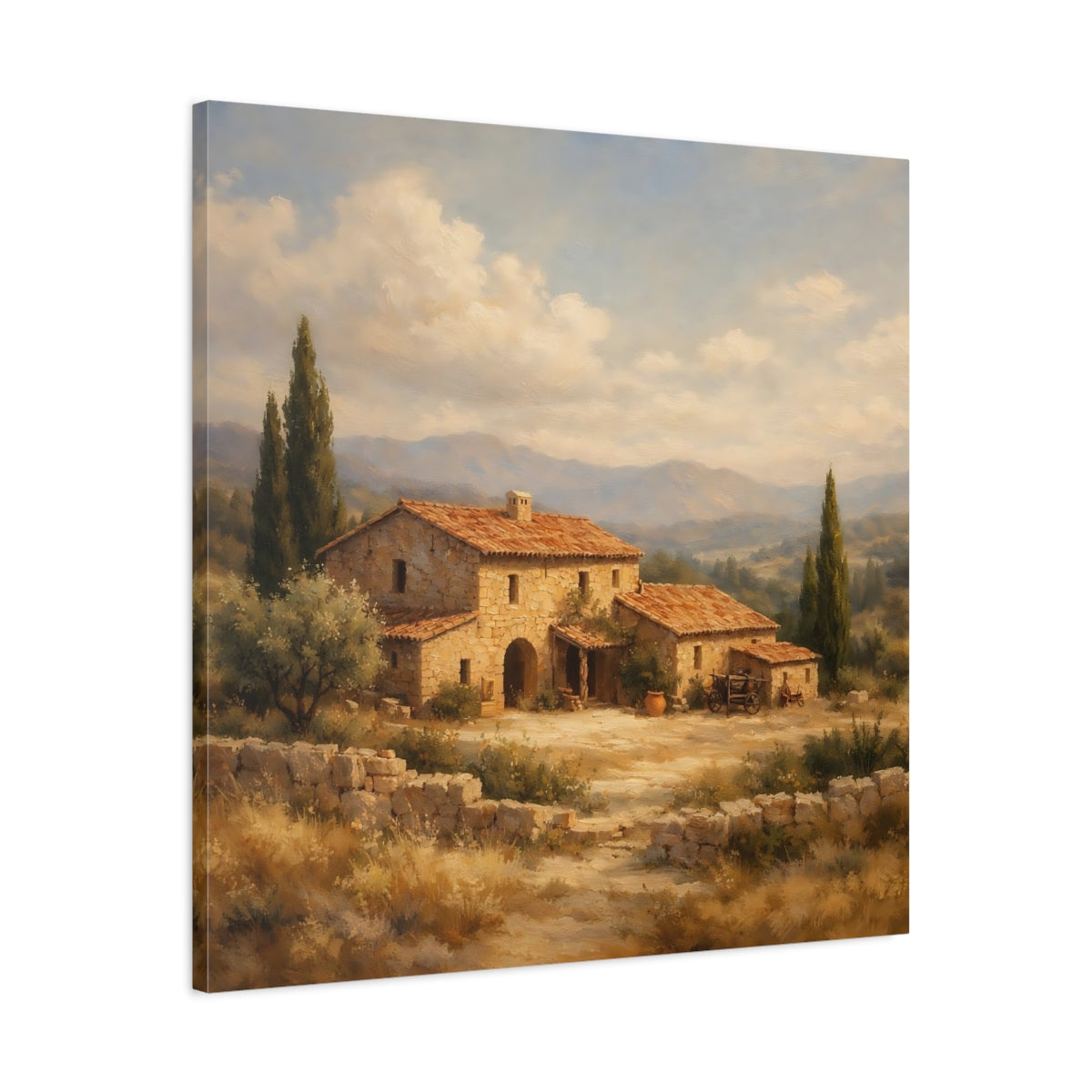 Side Mockup 3. Nature Stone House Tuscan Landscape shown as stretched canvas wall art