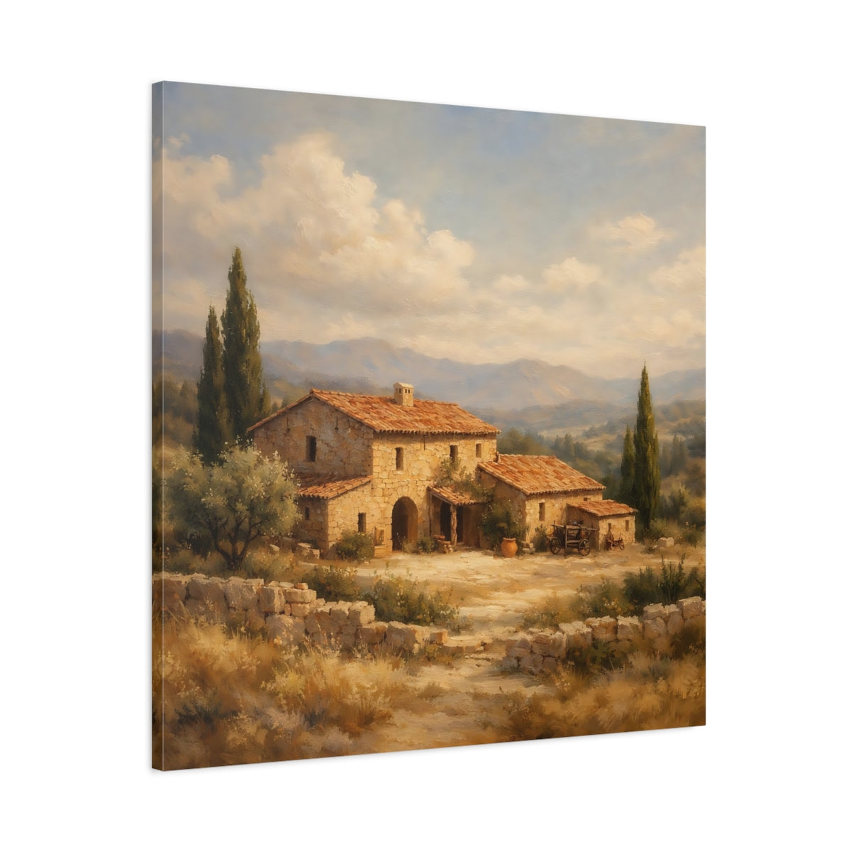 Side Mockup 2. Nature Stone House Tuscan Landscape shown as stretched canvas wall art