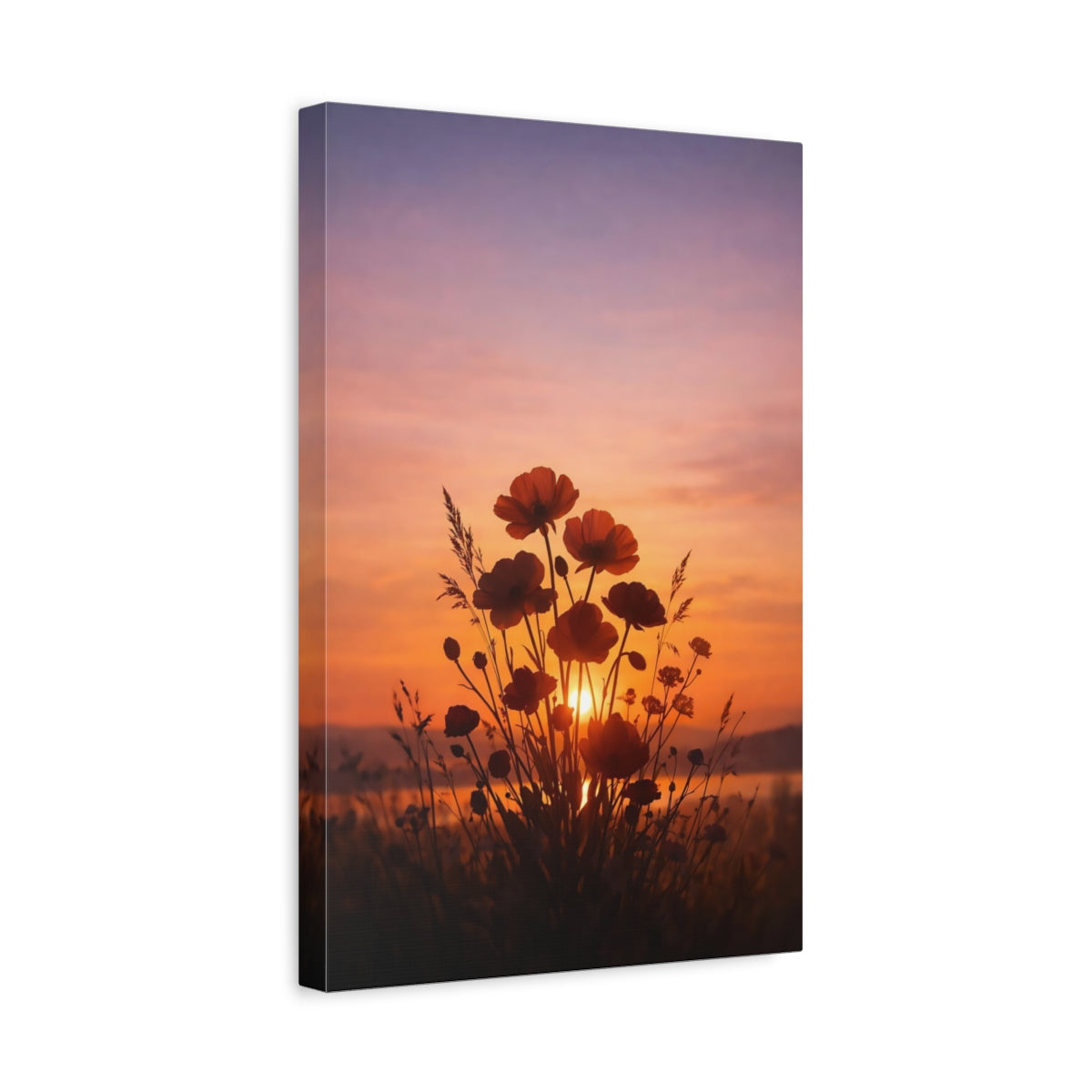 Side Mockup 4. Nature Poppies Orange Purple Sunset shown as stretched canvas wall art
