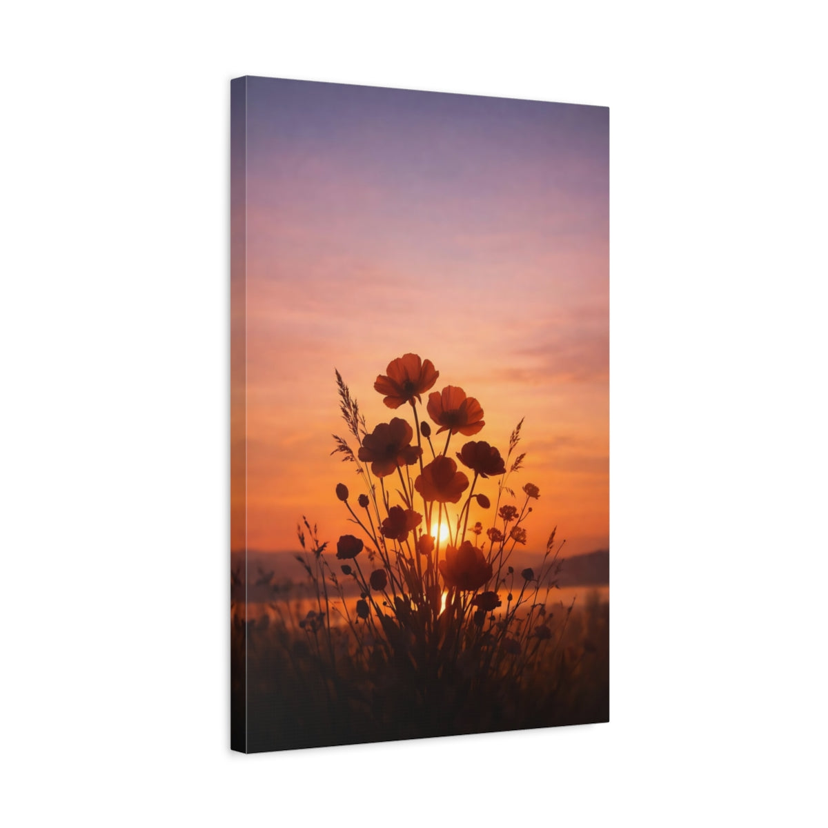 Side Mockup 3. Nature Poppies Orange Purple Sunset shown as stretched canvas wall art