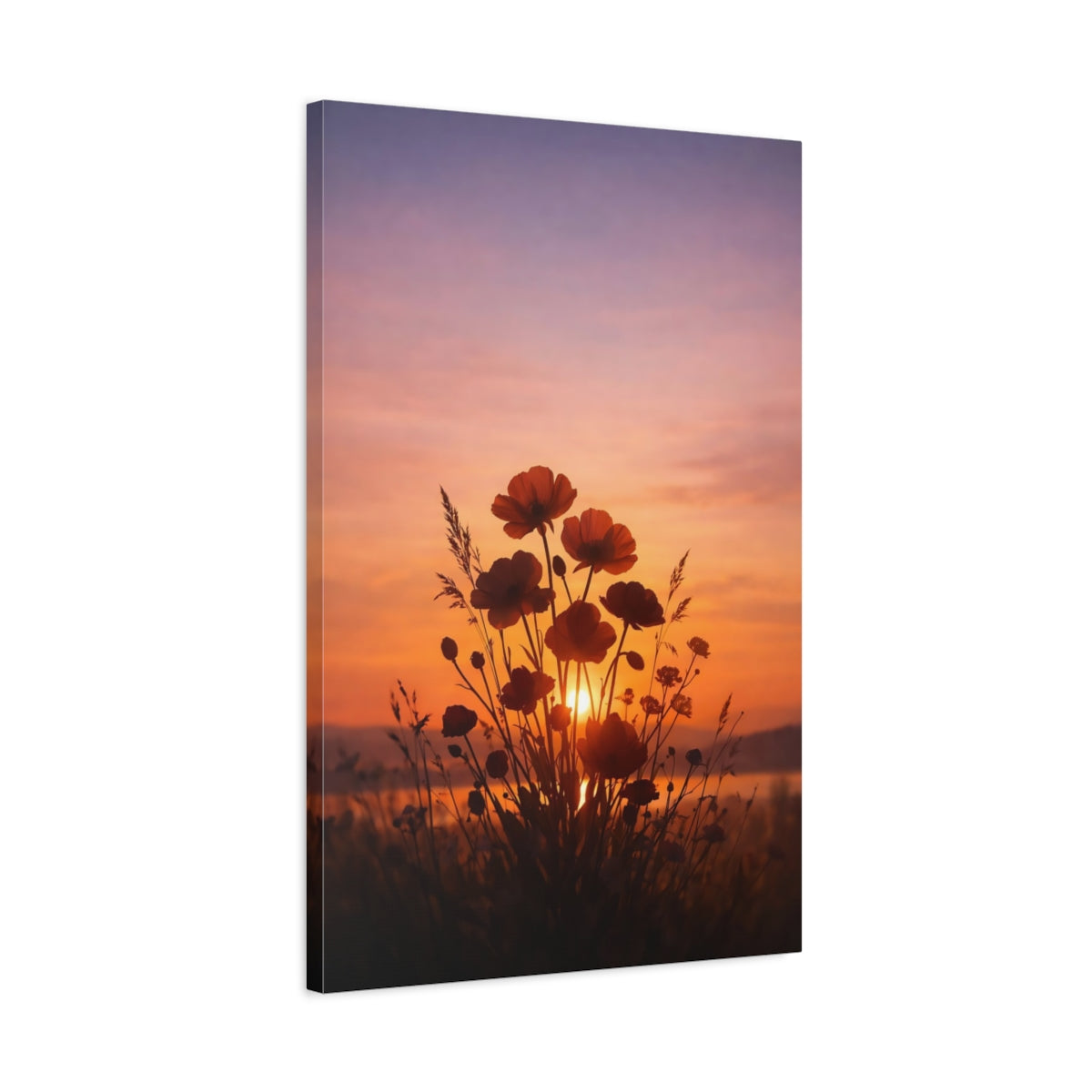 Side Mockup 2. Nature Poppies Orange Purple Sunset shown as stretched canvas wall art
