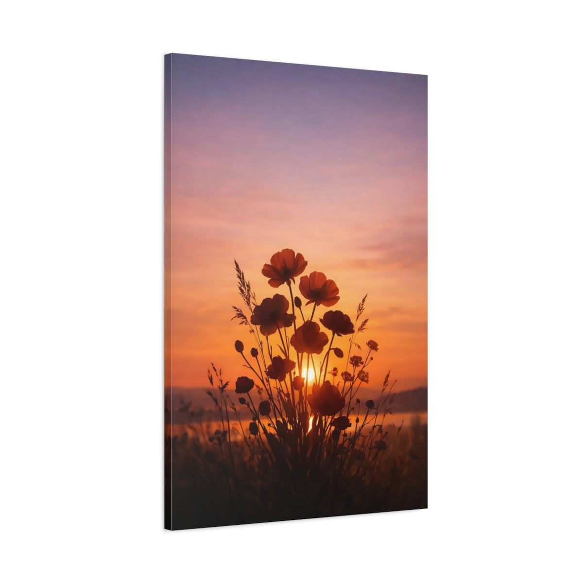 Side Mockup 1. Nature Poppies Orange Purple Sunset shown as stretched canvas wall art