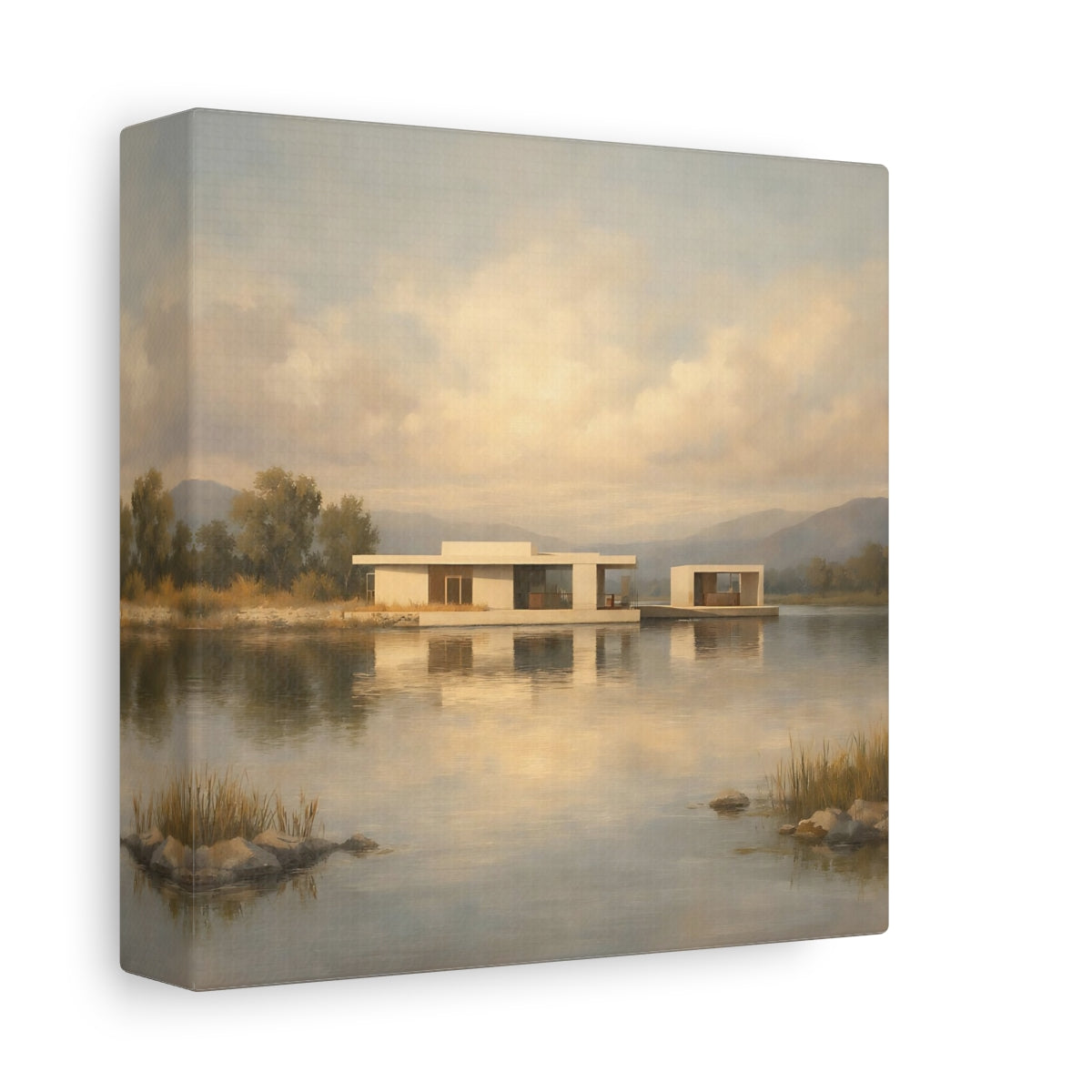 Side Mockup 1. Nature Lake House Modern Lake House View shown as stretched canvas wall art