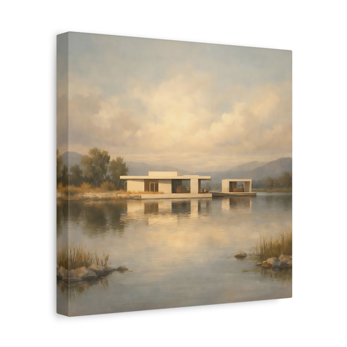 Side Mockup 8. Nature Lake House Modern Lake House View shown as stretched canvas wall art