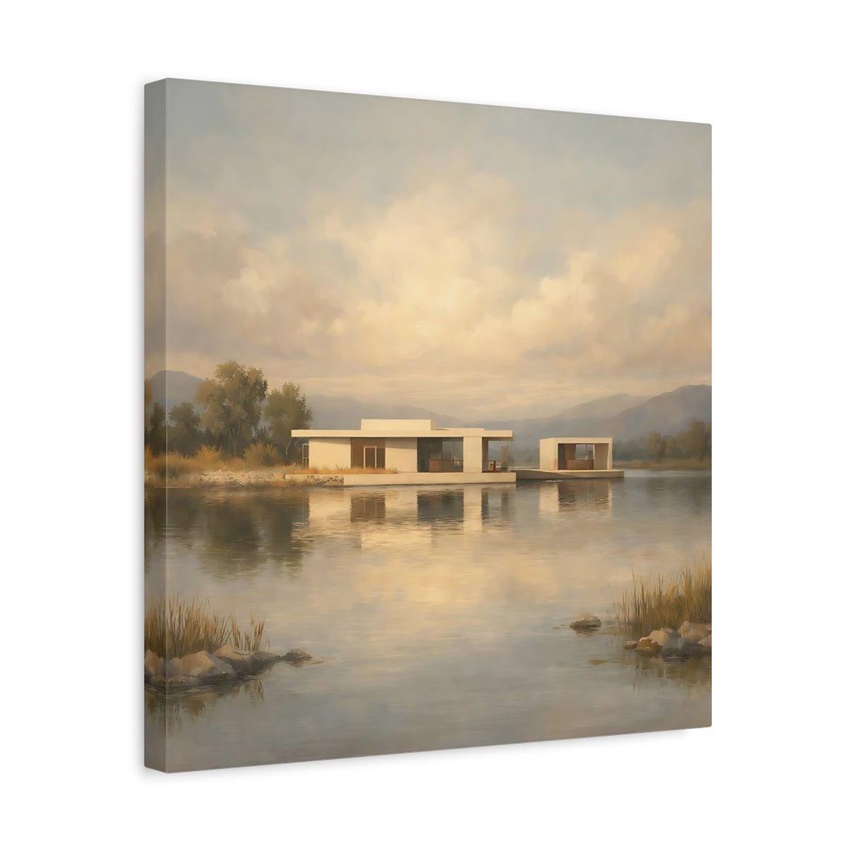 Side Mockup 6. Nature Lake House Modern Lake House View shown as stretched canvas wall art
