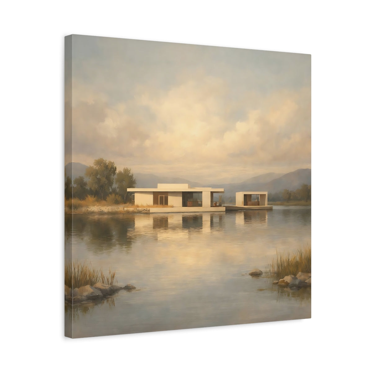 Side Mockup 5. Nature Lake House Modern Lake House View shown as stretched canvas wall art