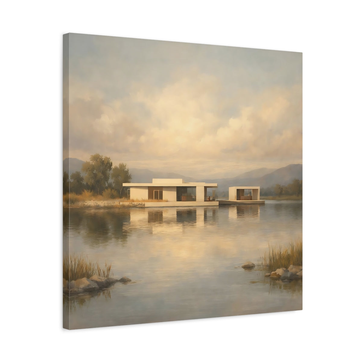 Side Mockup 4. Nature Lake House Modern Lake House View shown as stretched canvas wall art