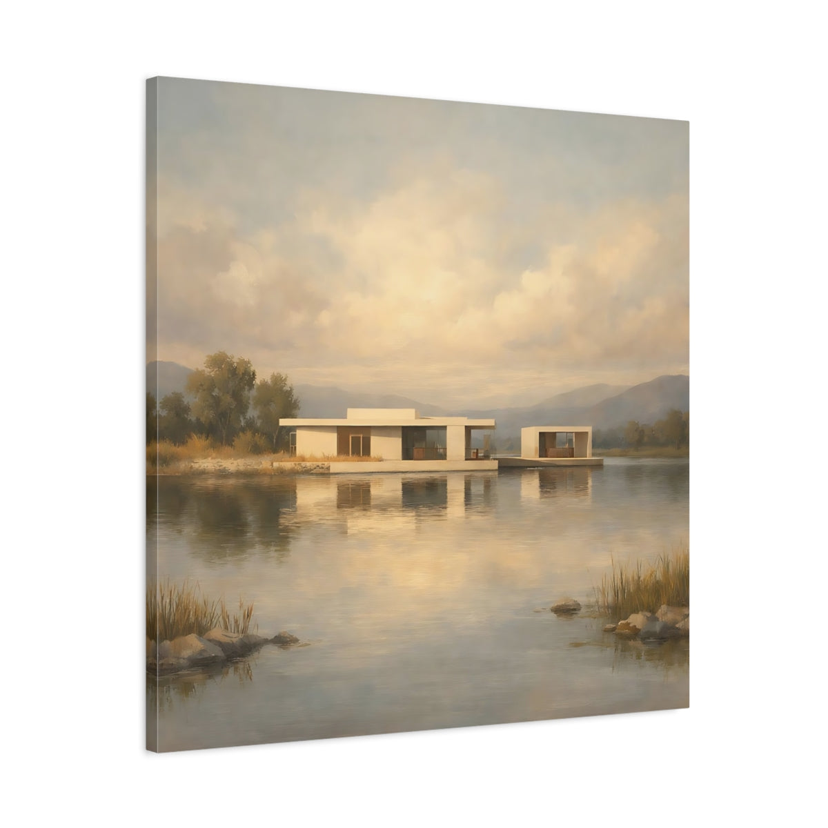 Side Mockup 3. Nature Lake House Modern Lake House View shown as stretched canvas wall art