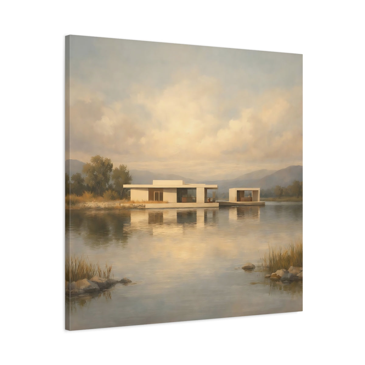 Side Mockup 2. Nature Lake House Modern Lake House View shown as stretched canvas wall art