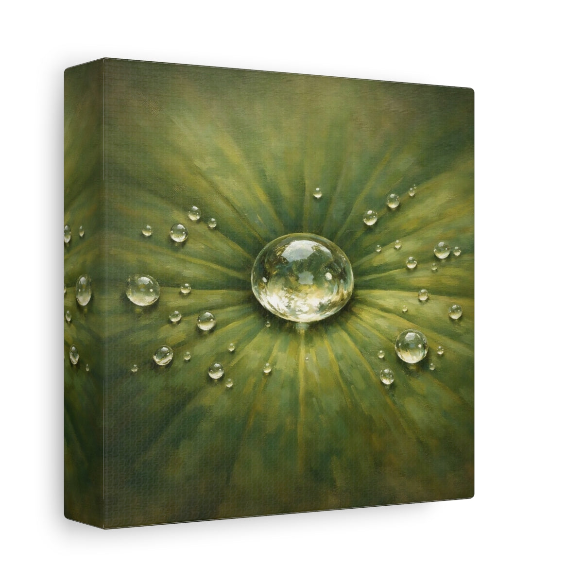 Side Mockup 1. Nature Water Drop Green Water Drops shown as stretched canvas wall art