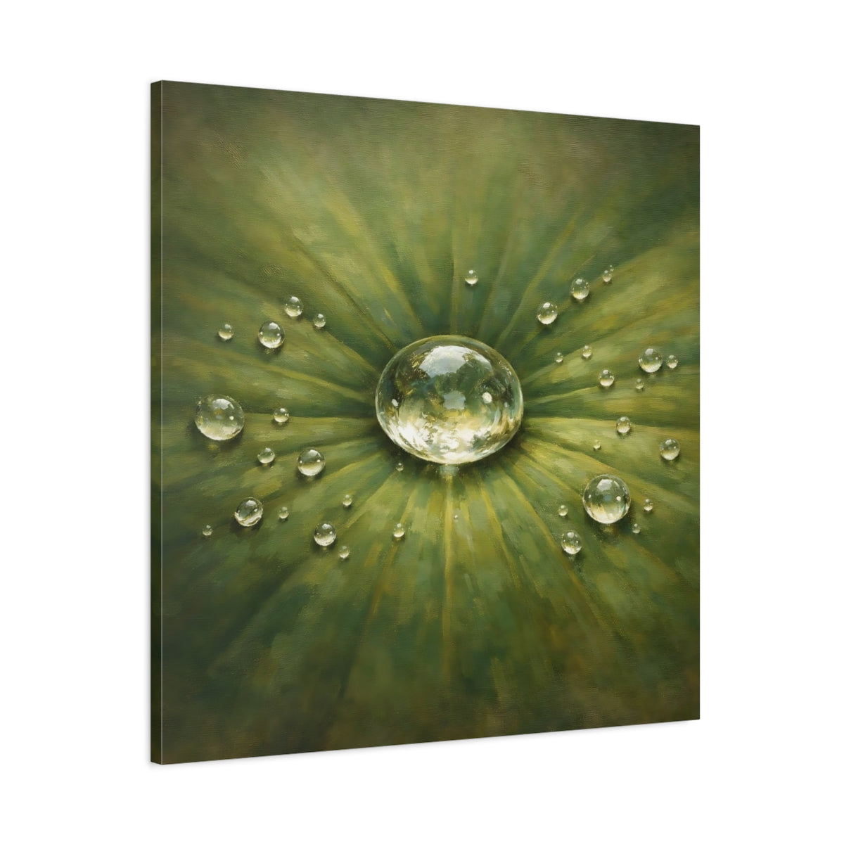 Side Mockup 2. Nature Water Drop Green Water Drops shown as stretched canvas wall art