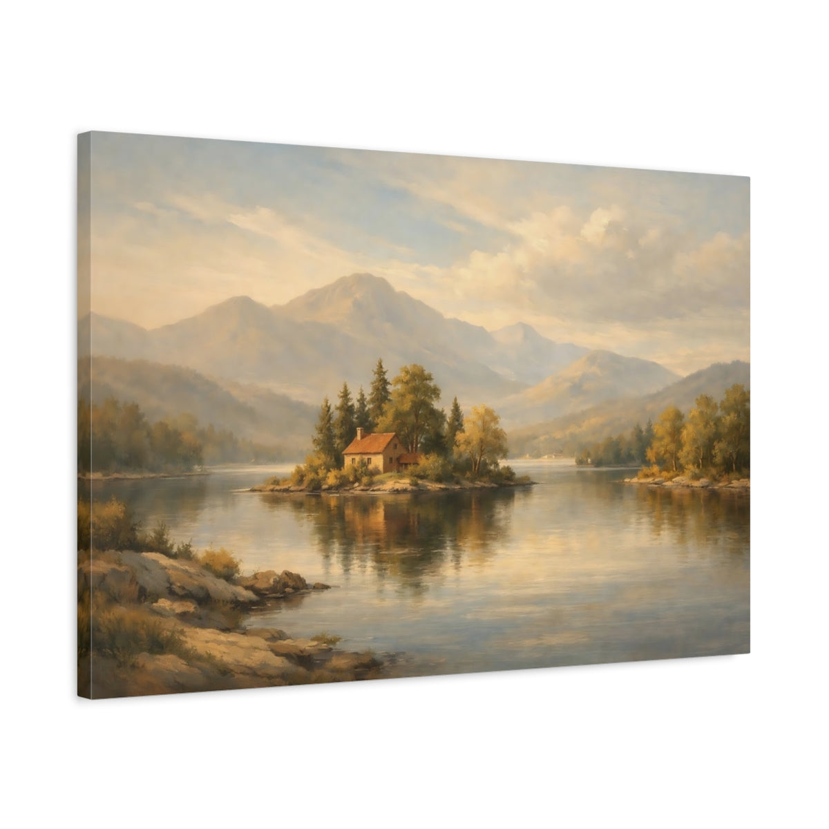Side Mockup 2. Scandi Light Aged Limestone Surface shown as stretched canvas wall art