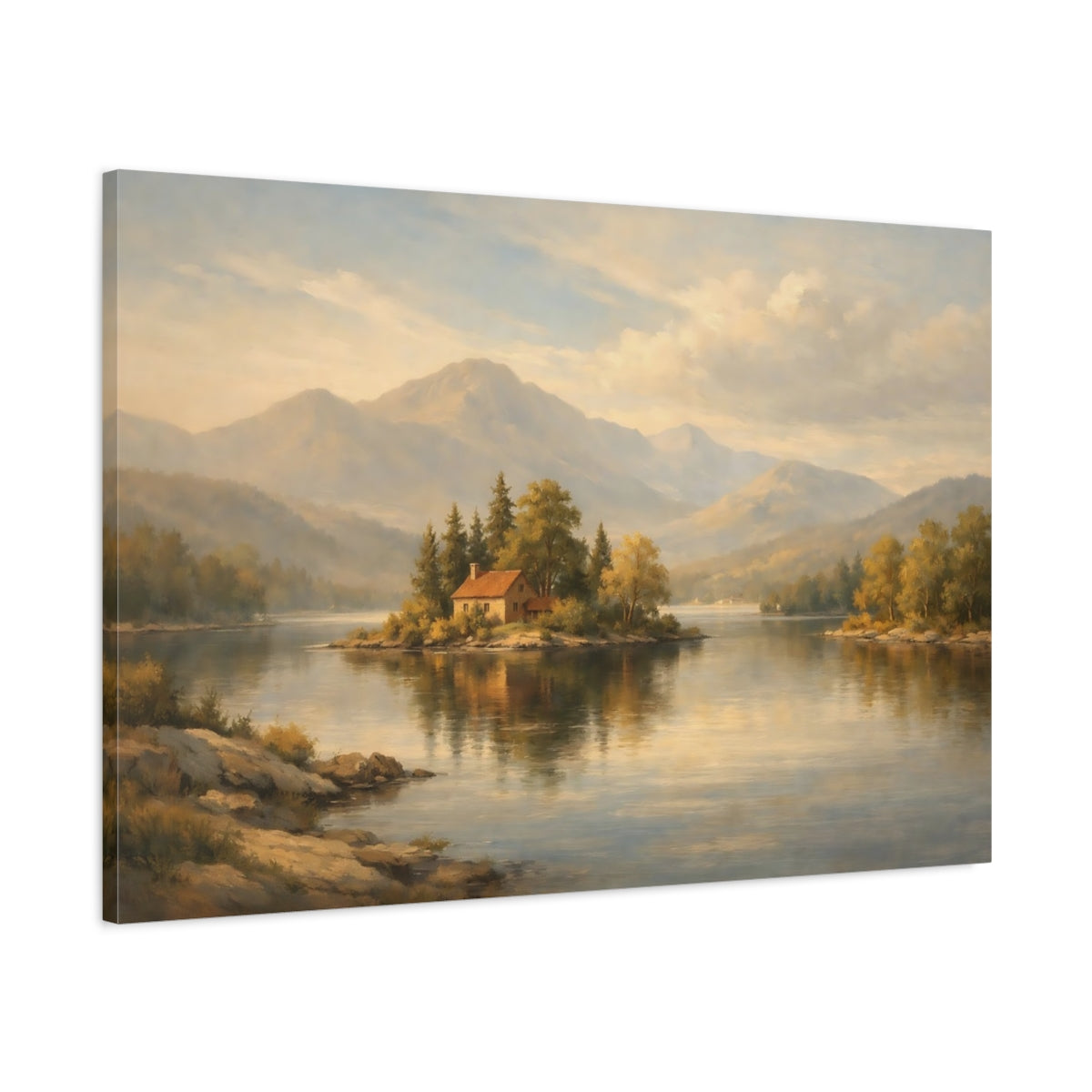 Side Mockup 1. Scandi Light Aged Limestone Surface shown as stretched canvas wall art