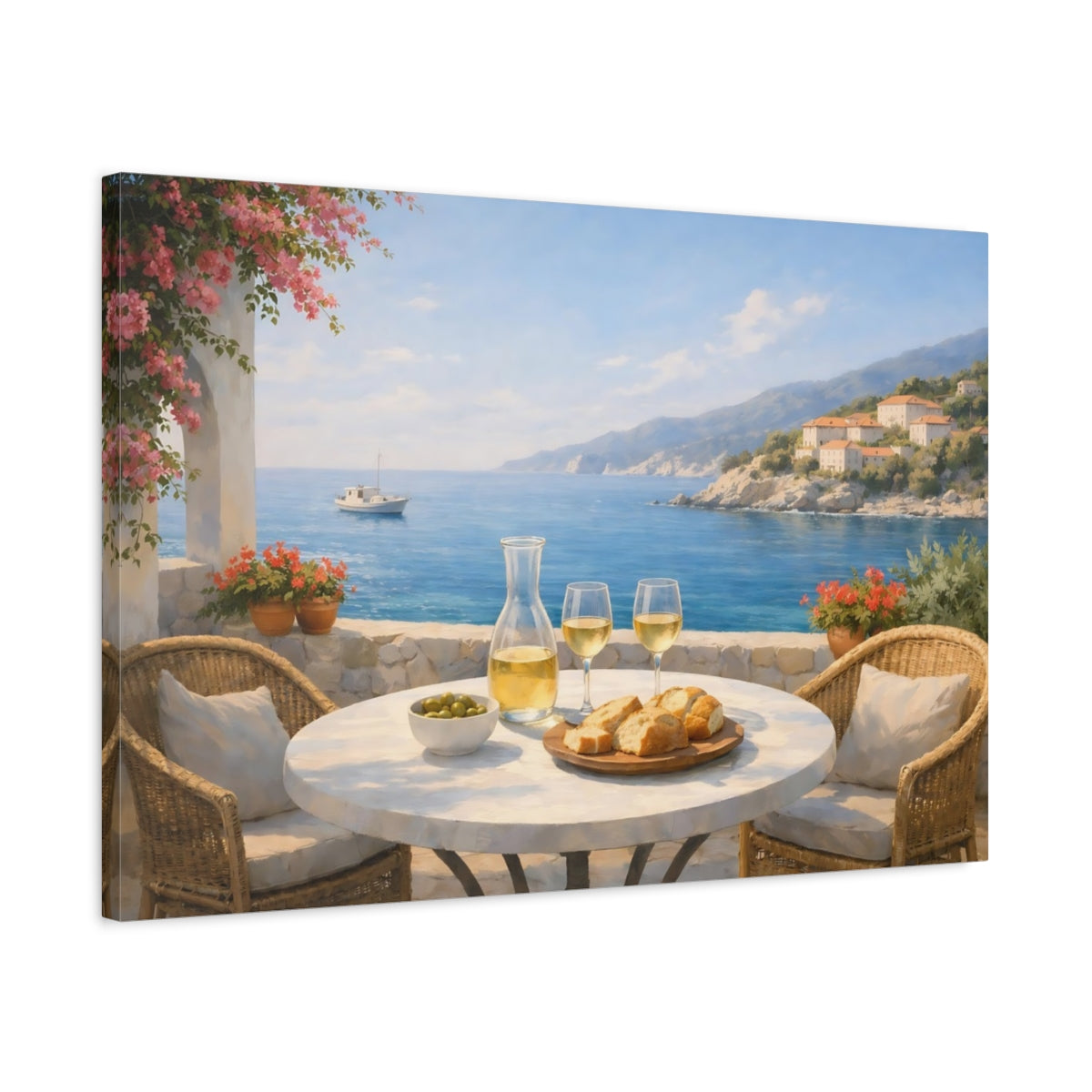 Seascape Mediterranean Cafe Terrace Coastal View Nature - Canvas Wall Art Print