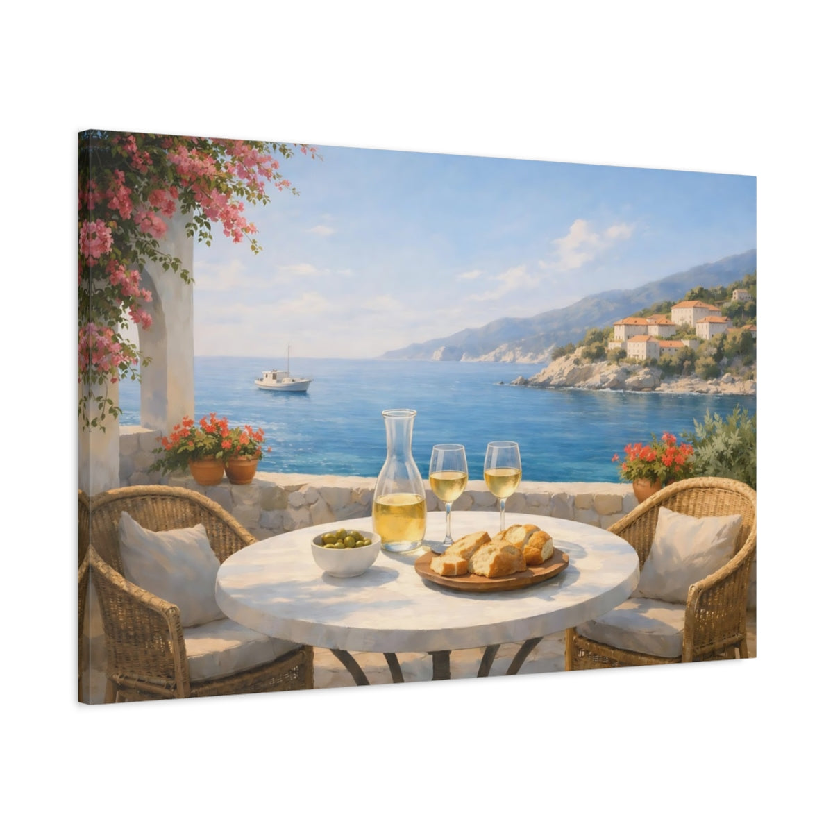 Seascape Mediterranean Cafe Terrace Coastal View Nature - Canvas Wall Art Print