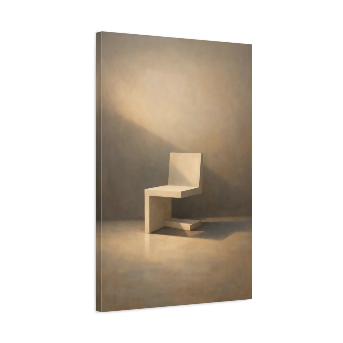Side Mockup 2. Abstract Minimalist Chair Beige Chair Art shown as stretched canvas wall art